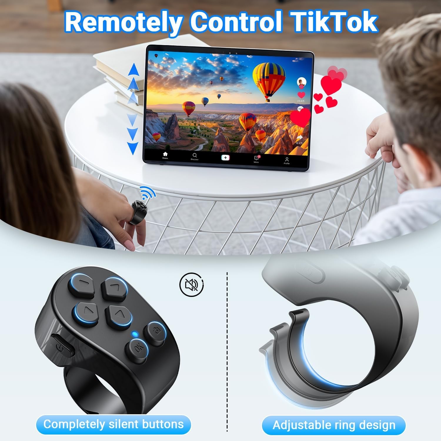 Tiktok Scrolling Ring Remote Control,Page Turner for Ipad Iphone & Android Tablet,Bluetooth Camera Remote, Scrolling Ring for Tiktok,Youtube,Instagram,Ios,Android (Black)