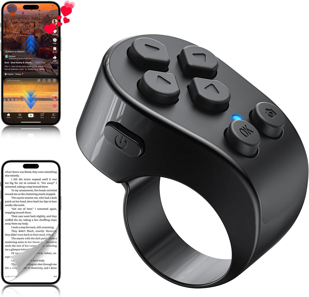 Tiktok Scrolling Ring Remote Control,Page Turner for Ipad Iphone & Android Tablet,Bluetooth Camera Remote, Scrolling Ring for Tiktok,Youtube,Instagram,Ios,Android (Black)