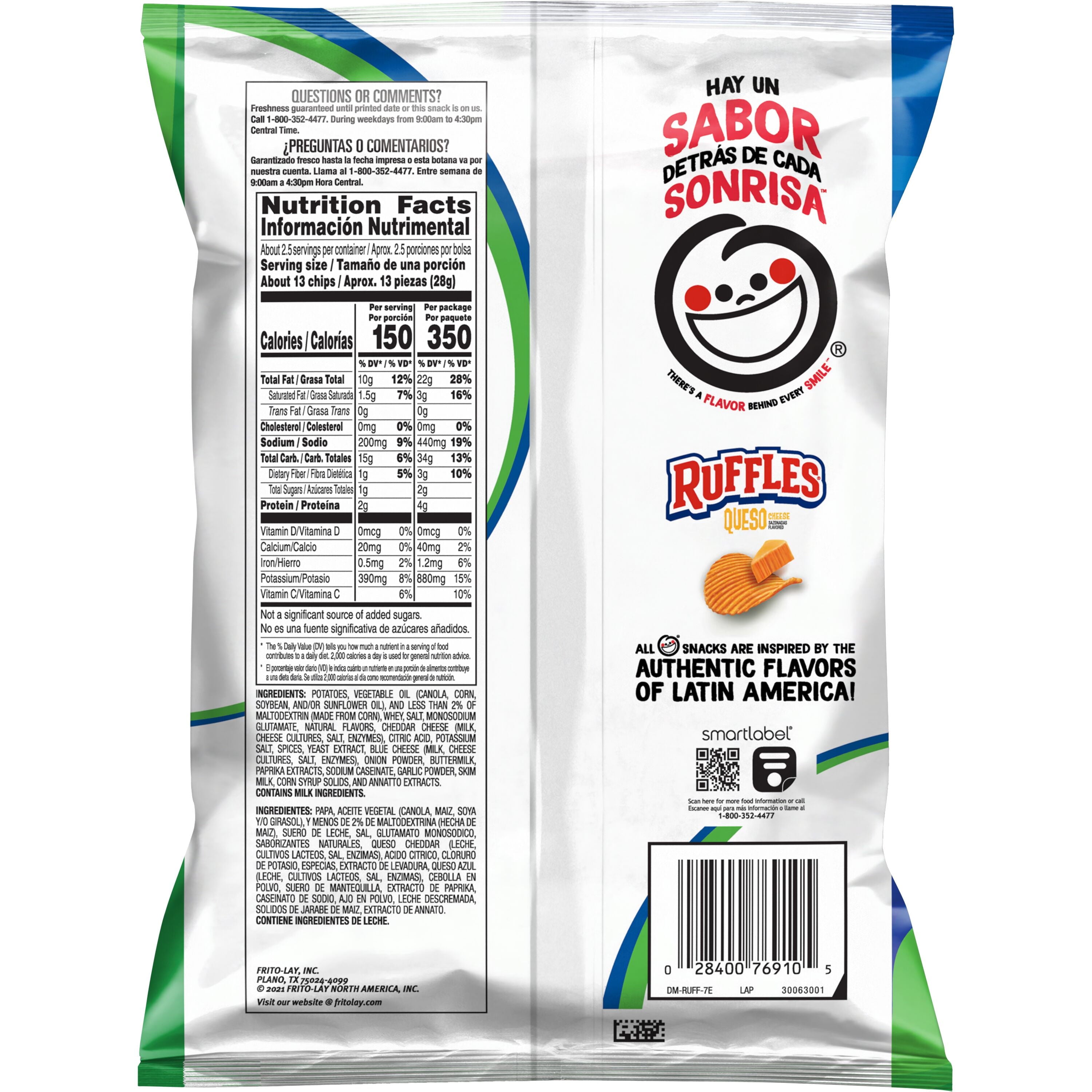 Potato Chips Queso Cheese Flavored, 2.25 Oz Bag
