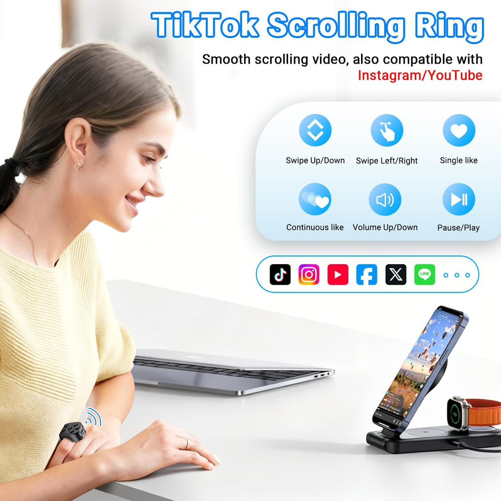 Tiktok Scrolling Ring Remote Control,Page Turner for Ipad Iphone & Android Tablet,Bluetooth Camera Remote, Scrolling Ring for Tiktok,Youtube,Instagram,Ios,Android (Black)