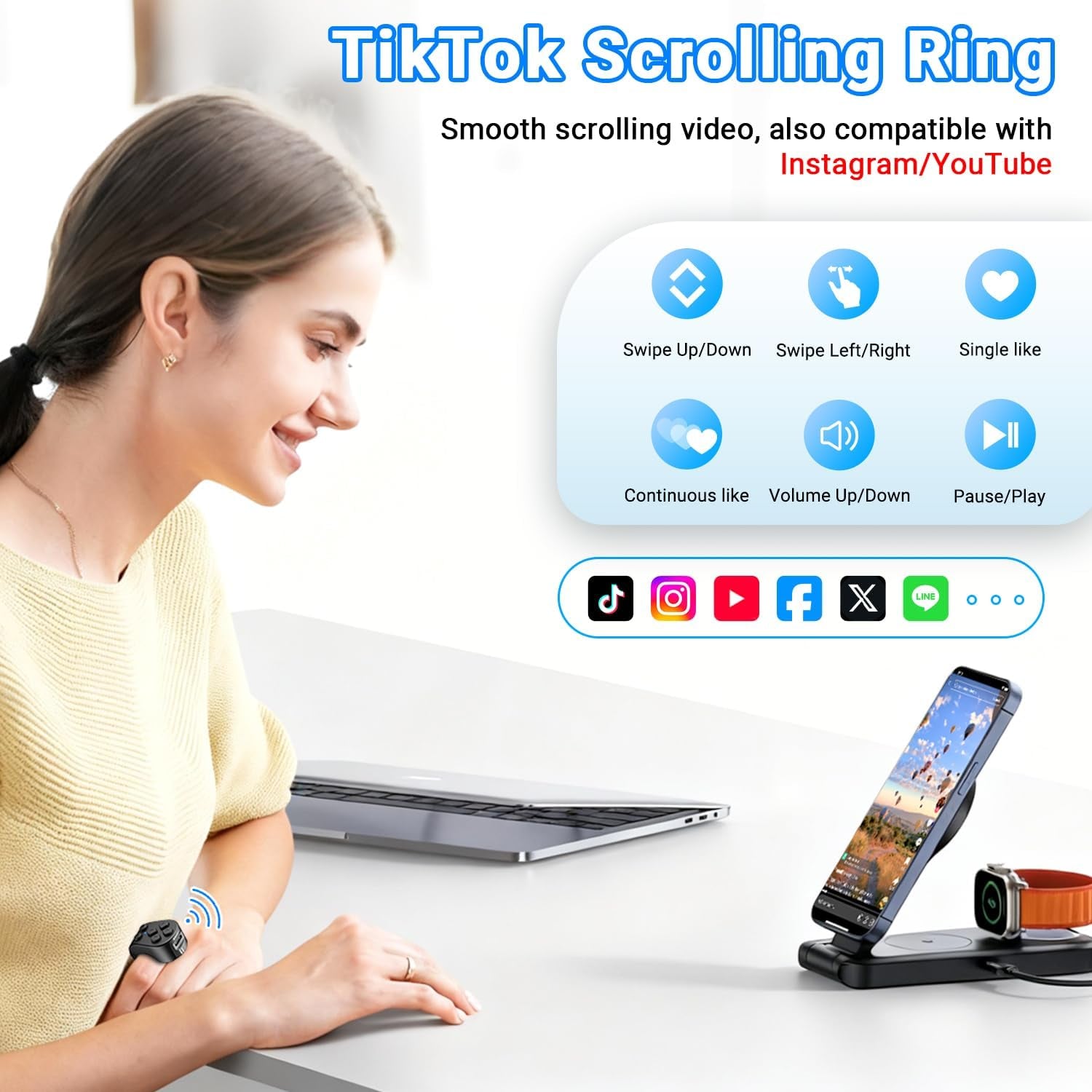 Tiktok Scrolling Ring Remote Control,Page Turner for Ipad Iphone & Android Tablet,Bluetooth Camera Remote, Scrolling Ring for Tiktok,Youtube,Instagram,Ios,Android (Black)